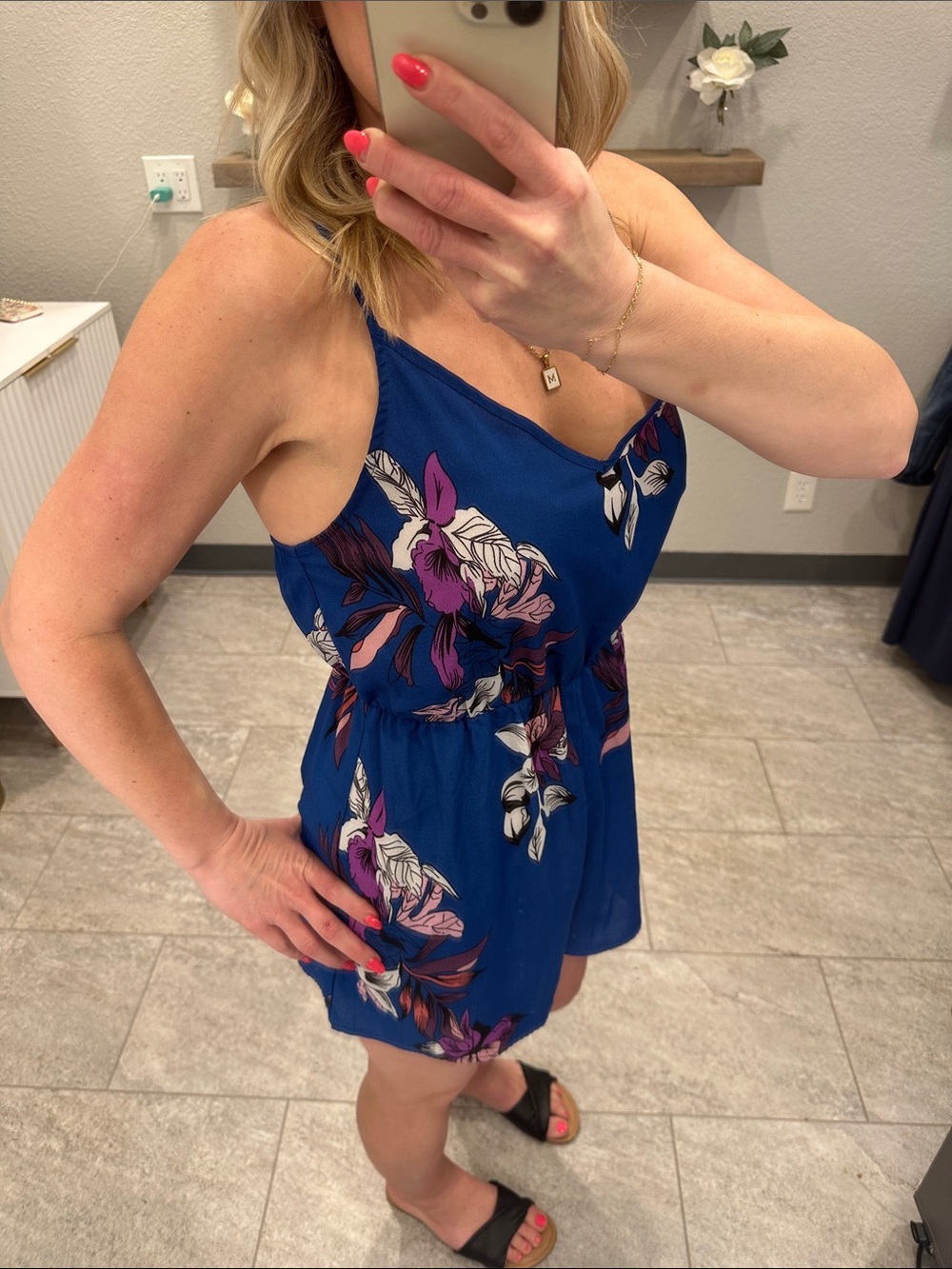 SHEIN Royal Blue Floral Print Spaghetti Strap Romper